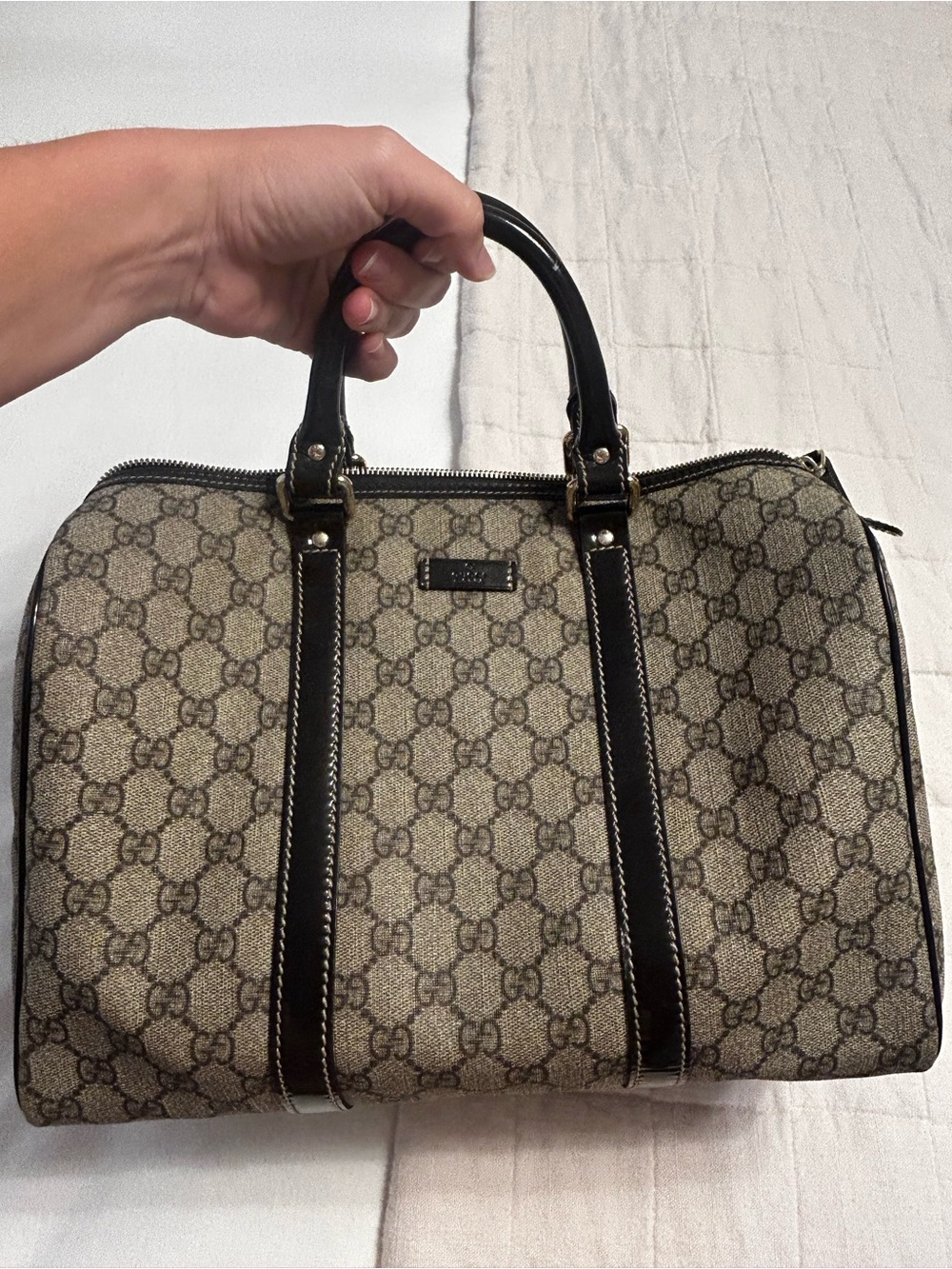 Gucci Beige Brown GG Canvas Satchel with Dark Brown Leather Trim